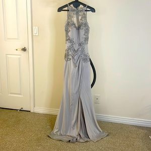 Gray Sexy Stretchy Gown with Side Slit and Embroidery